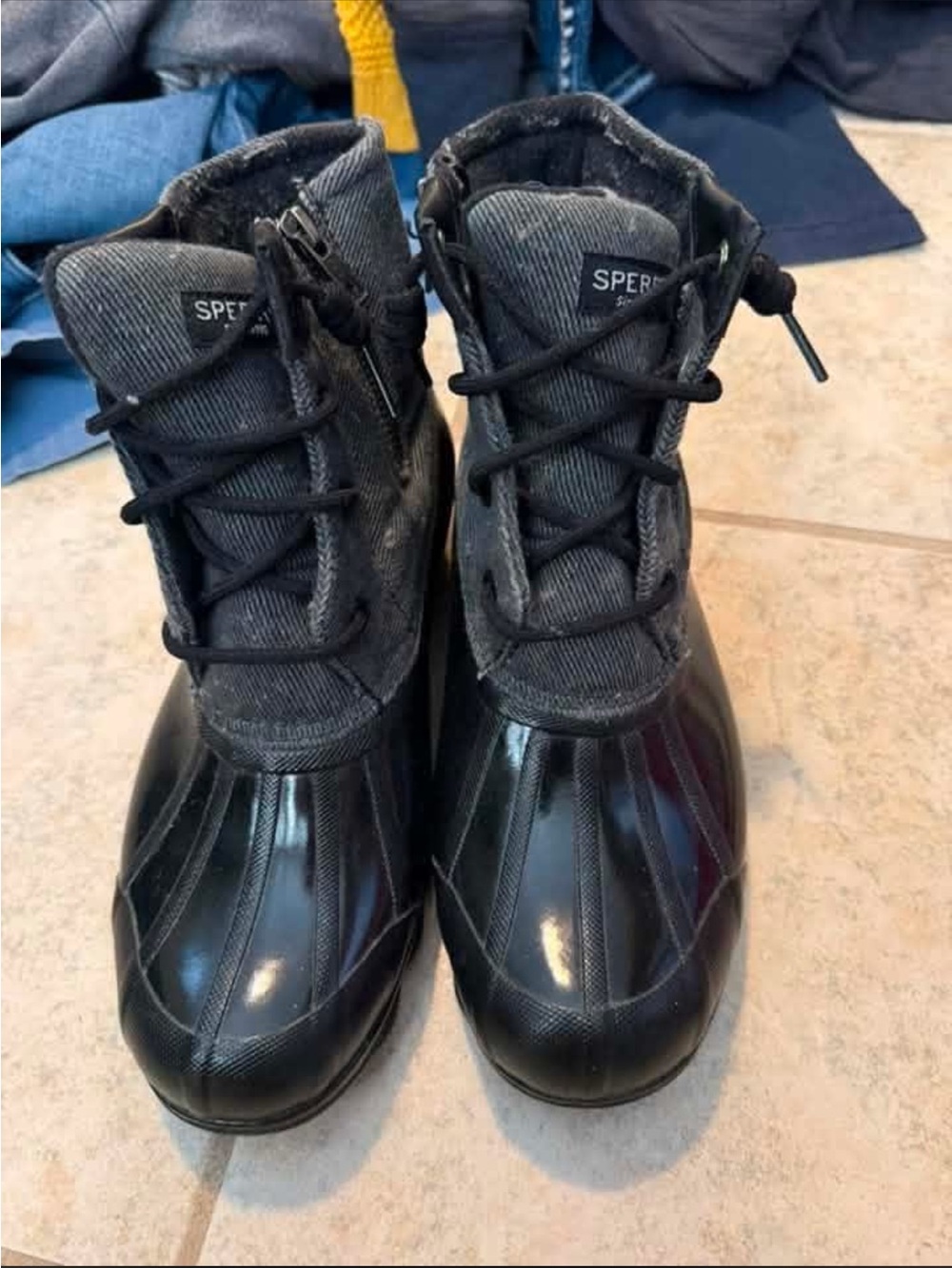 Sperry Women's Black Duck Boots with Dark Gray Textile Upper